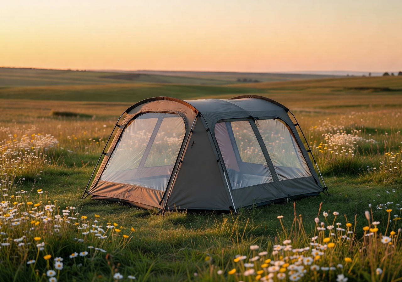 Compact modern living tent with large windows in a meadow setting
