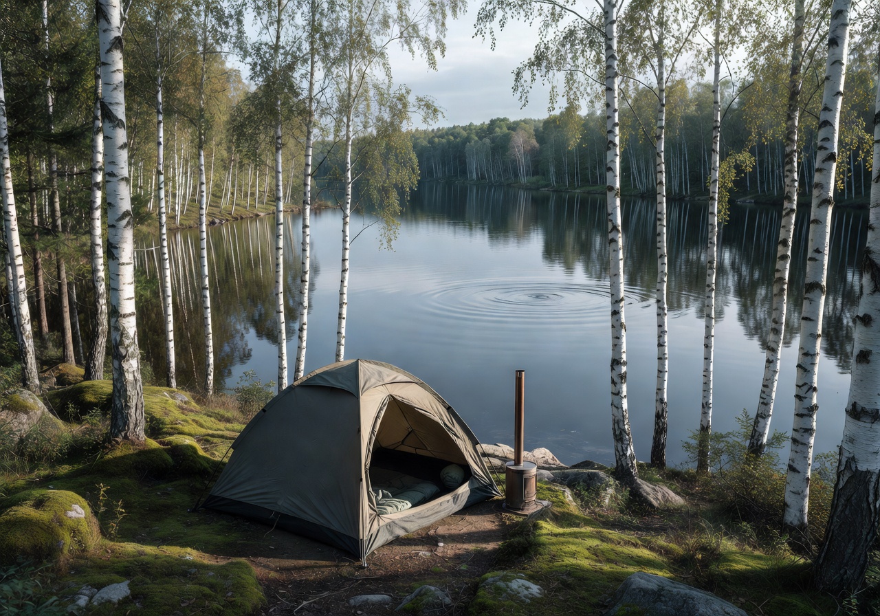 Compact tent home near a Scandinavian lake surrounded by birch trees