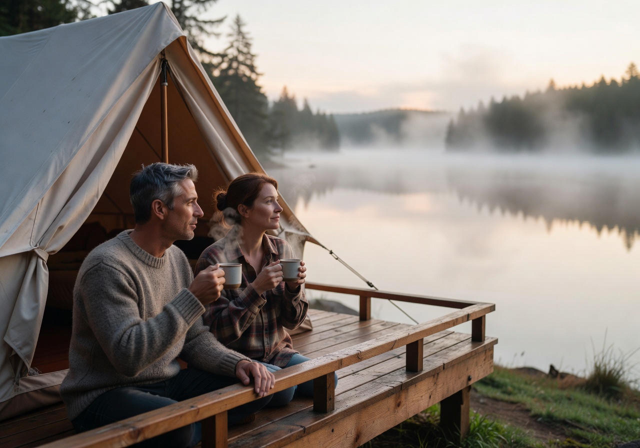 Couple enjoying morning coffee on the deck of their tent home overlooking a misty lake