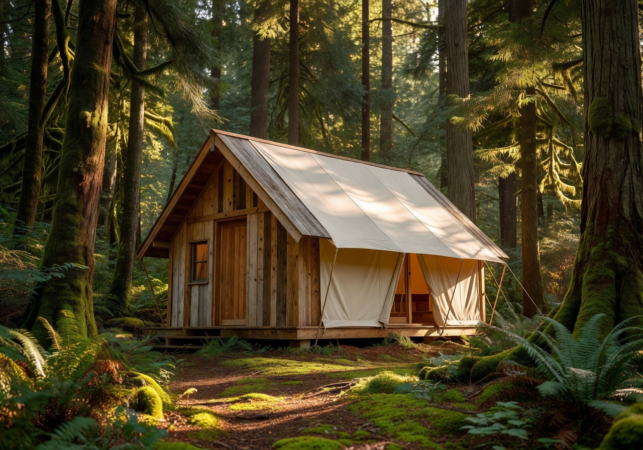 Eco cabin style tent home with sustainable wood exterior in the forest