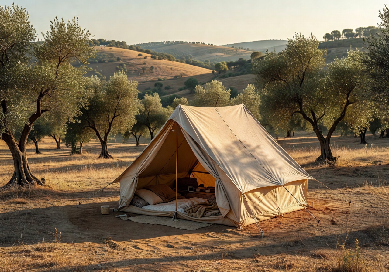 Family tent home in the Portuguese countryside with olive trees