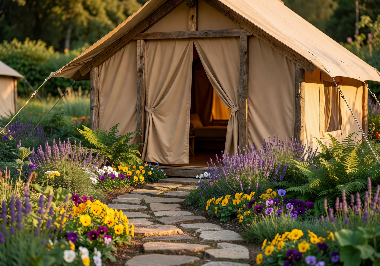 Guest house tent home with welcoming entrance and garden path