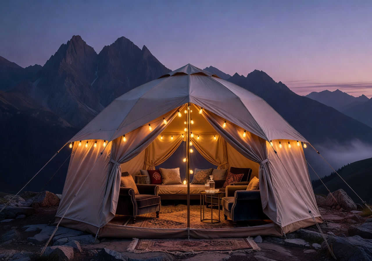 Luxury retreat tent with elegant interior lighting at twilight in the mountains