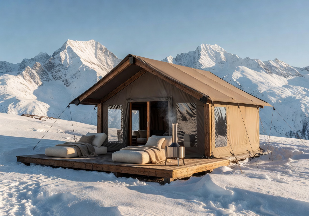 Luxury tent home installation in the Swiss Alps with snow-capped mountain backdrop