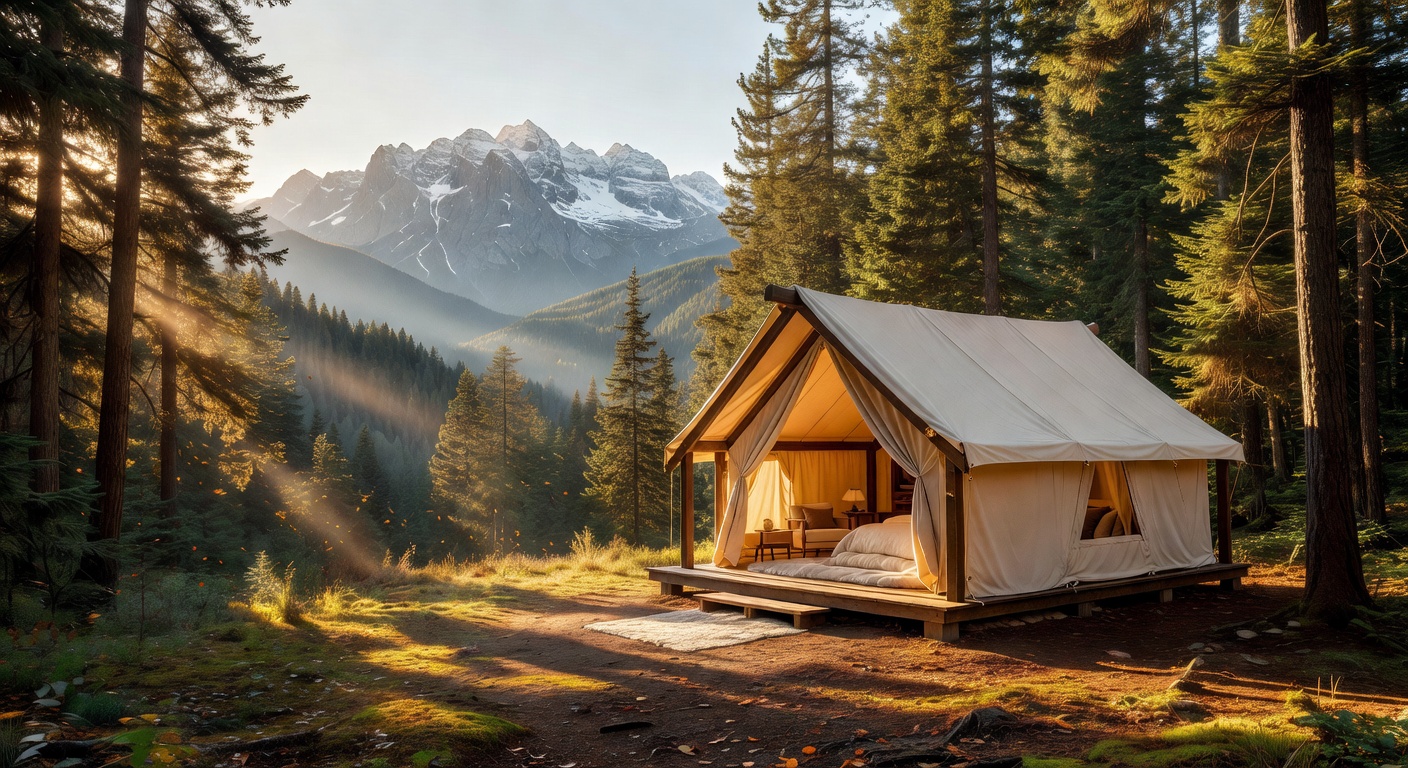 Luxury tent home nestled in a sunlit forest clearing with mountain views