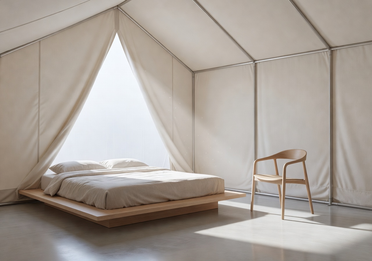 Minimalist interior of a modern tent home with natural light streaming in