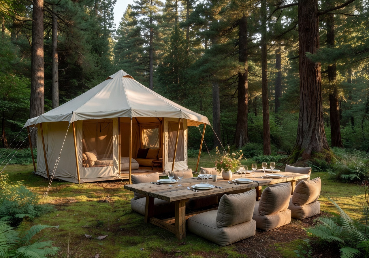 Outdoor dining setup near a luxury tent home in a forest clearing