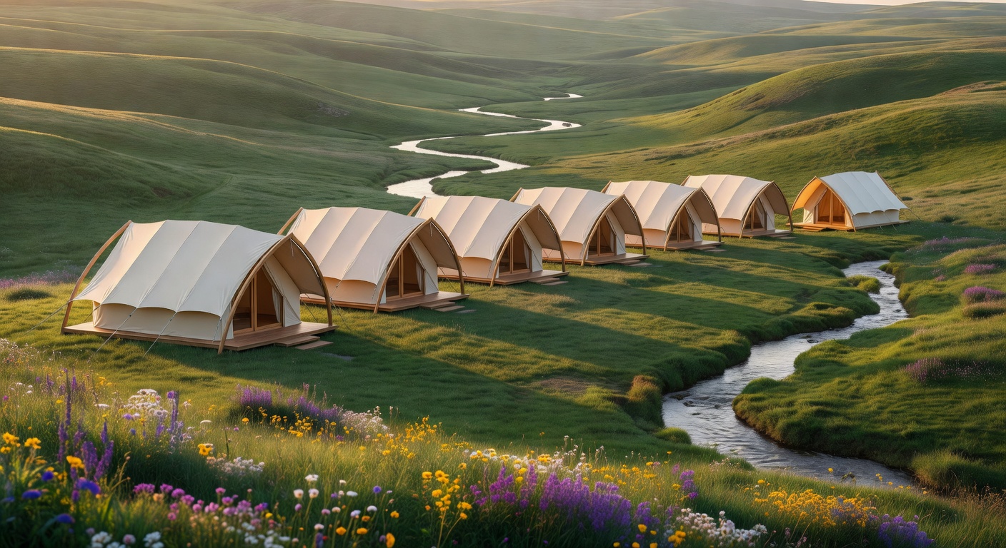 Row of beautifully designed tent homes in a green valley at golden hour