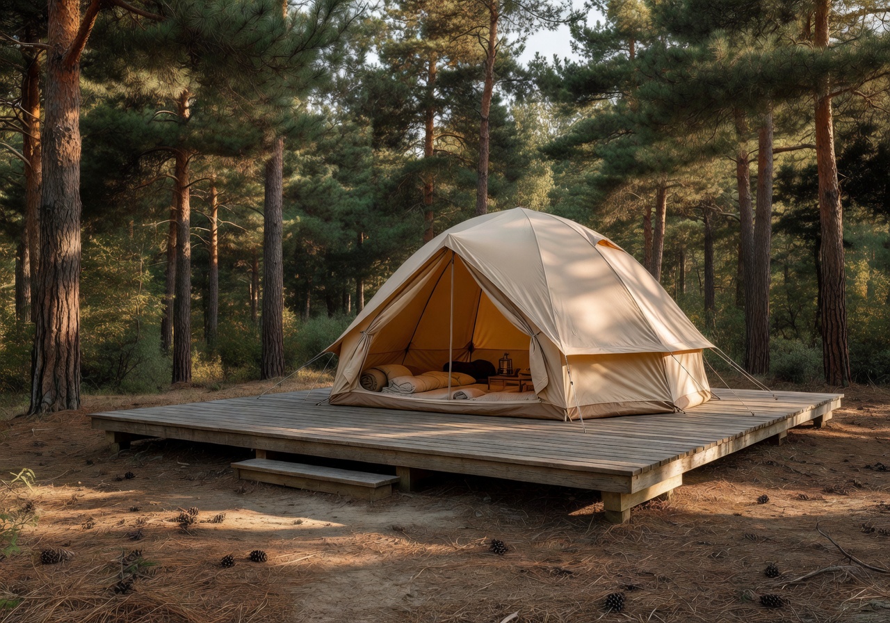Spacious family tent home with wooden deck surrounded by pine trees