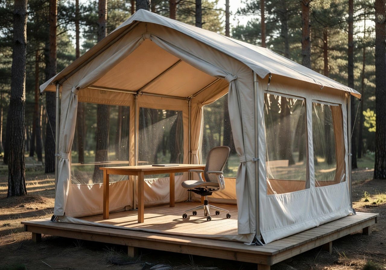 Studio tent home designed for remote workers with desk space and large windows