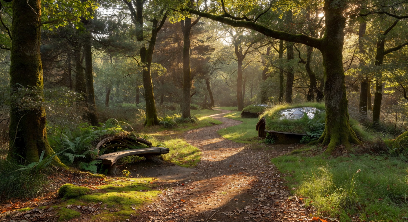 Sunlit forest path symbolizing the Vantafunterritry journey toward nature-integrated living