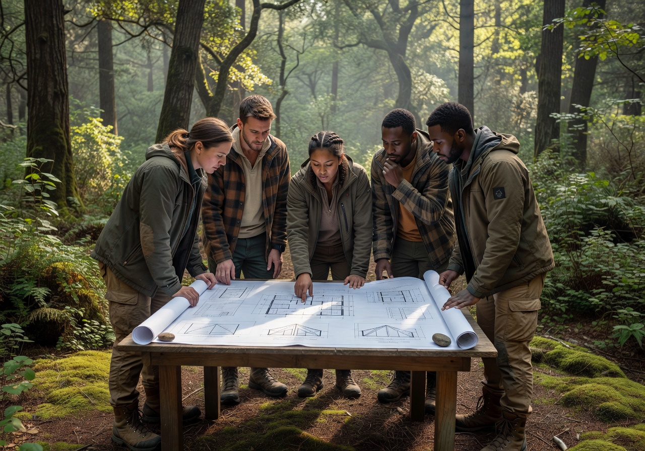 Vantafunterritry team members reviewing tent home blueprints in a forest setting